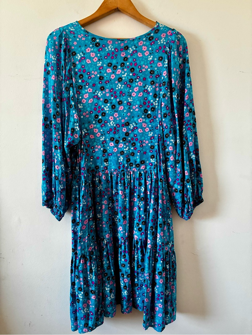 CALVIN KLEIN Teal Ditzy Floral Long-Sleeve Tiered Dress- Size 14 - Picture 9 of 13